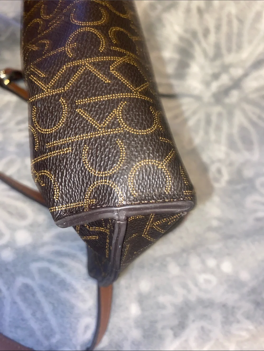 Calvin Klein Brown Monogram Crossbody Bag with Tan Leather Strap